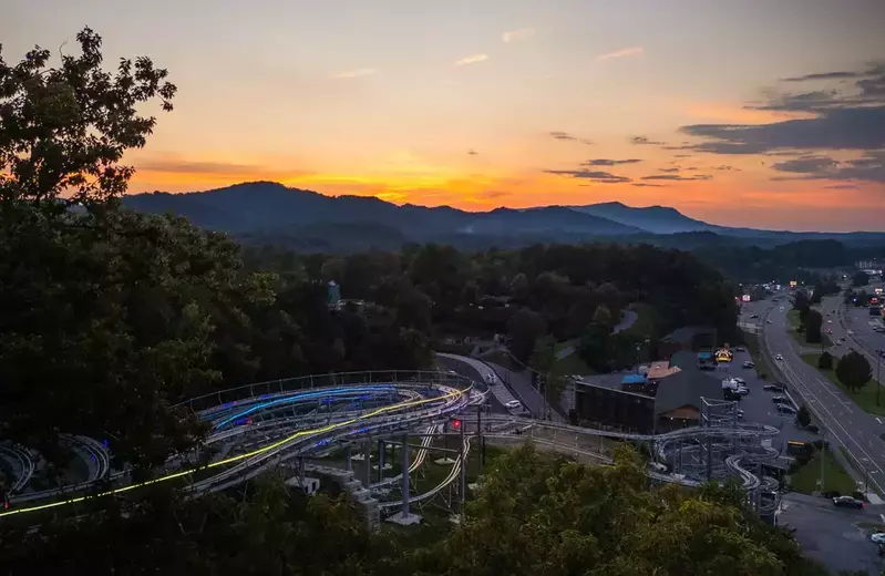 sunset over Smoky Mountain view from Pigeon Forge Racing Coaster